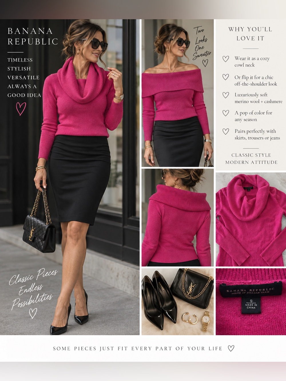 Banana Republic Pink Merino Wool Cashmere Cowl Neck Sweater S